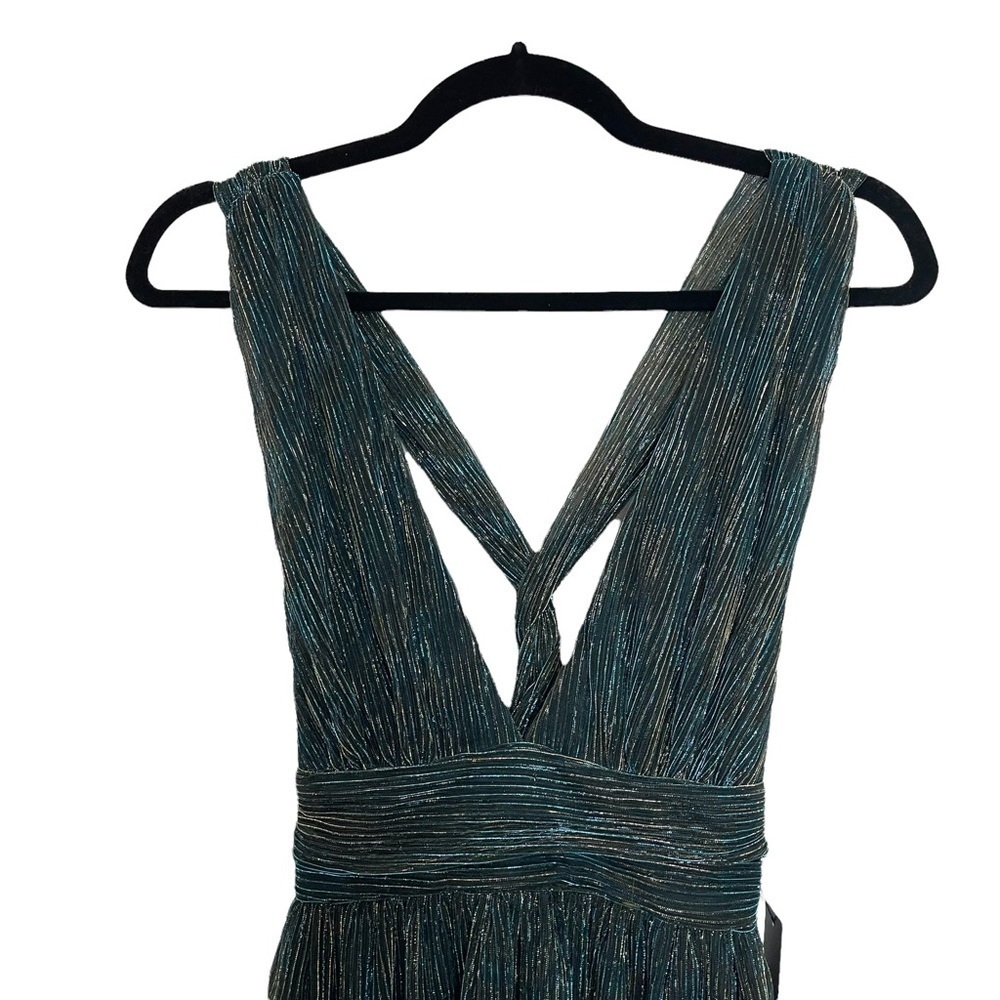 Lulu’s Ailey Gold and Teal Blue Skater Mini Dress w/ Metallic Gold Threading NWT - Picture 8 of 14